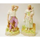 A large German bisque porcelain figure of a young man working an axe, traditionally dressed,