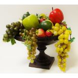 A bronzed metal centre piece / table urn; various forms of faux fruit including limes,grapes,apples,