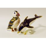 A Royal Crown Derby paperweight, Puffin; another, dolphin,