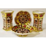 Royal Crown Derby - a pair of 1128 gold band vases; an 1128 gold band bon bon dish;