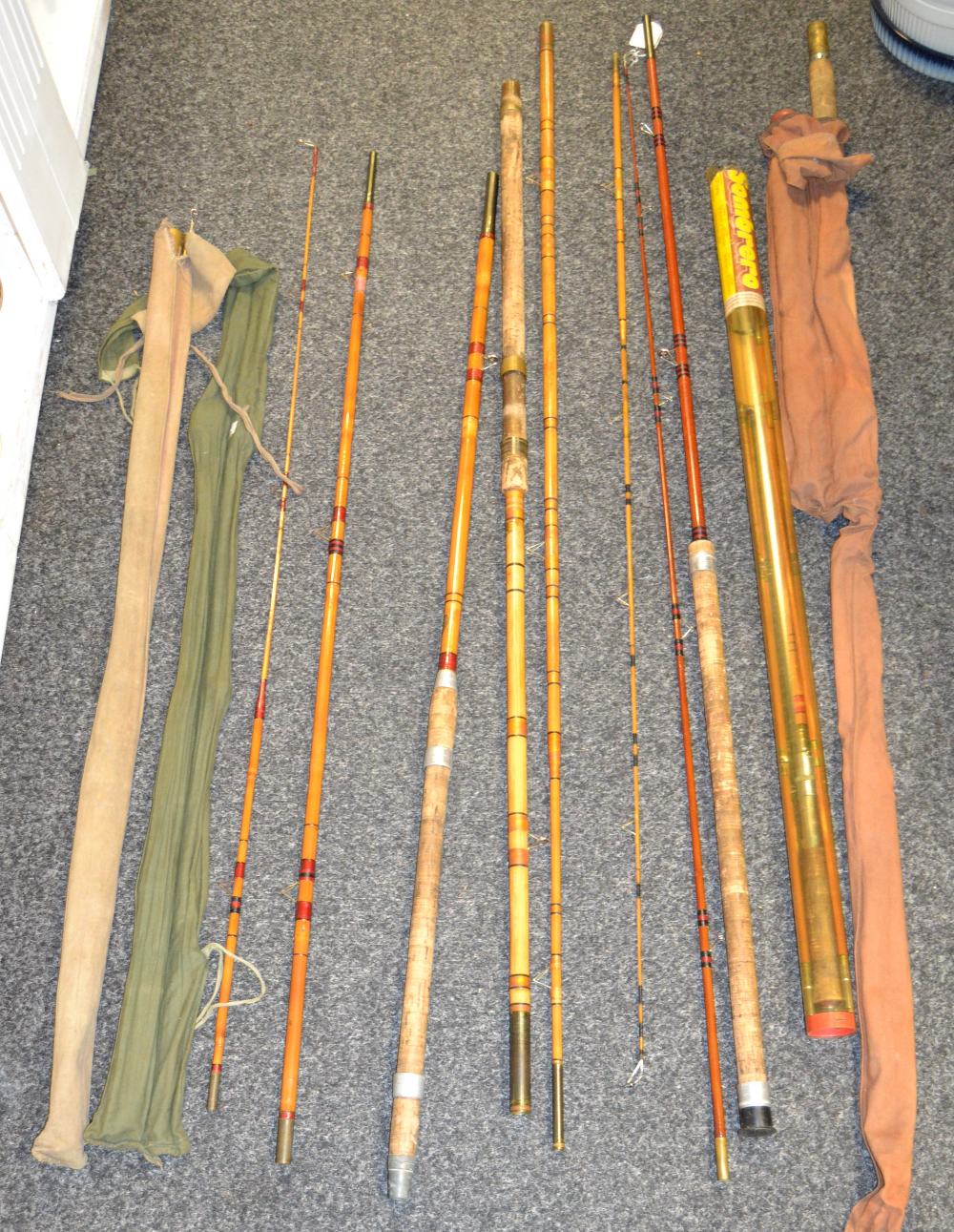 Fishing - fly fishing - an Allcocks three piece cane rod; canvas slip;