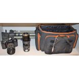 Photographic Equipment - a Nikon F70 35mm camera, a Hanimex 200mm lens, Olympus 50mm lens, bag,
