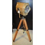 A vintage Major Equipment Co lamp, shaped anodised case, folding tripod stand, overall 98.