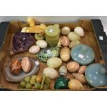 Geology - specimen stone eggs including agate, marble, etc; a carved stone sphinx; malachite,