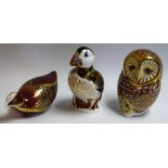 A Royal Crown Derby paperweight, Owl, gold stopper; others, Puffin, silver stopper; Coot,