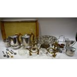 Metalware - a Piquot Ware tea set, comprising teapot, hot water jugs, jug, tray,