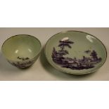 A Worcester tea bowl and saucer, printed in purple after Robert Hancock, with The Signal Tower,