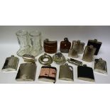 Boxes and Objects - a leather bound 6oz barrel shaped hip flask; others silver plated, Jack Daniels,