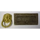 Door Furniture - a large Victorian brass letter box; a door knocker,
