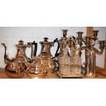 Silver Plate - a four piece tea set; Victorian hot water jug, candelabra, cruet set on stand,