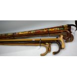 Walking Sticks - a Giessbach horn and hoof handled walking stick; others, carved and painted,