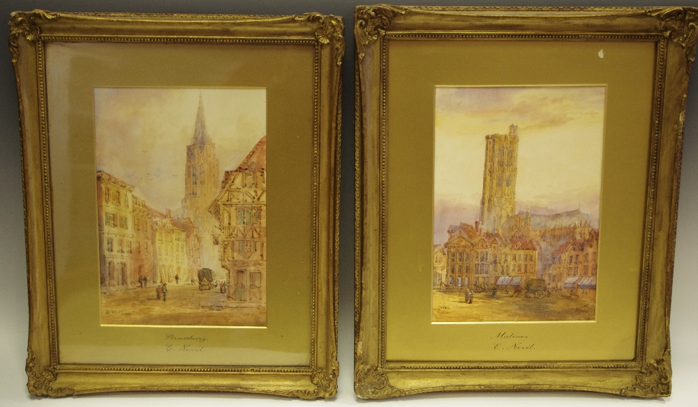 E Nevil (continental school) Strassburg and Malines watercolours, matching frames 27.5cm x 18.