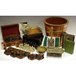 Boxes & Objects - various 19th century and later keys; leather bridge box; treen chess pieces;