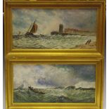 A pair of 19th century oil painting depicting ships on the rough seas, decorative gilt frames c.