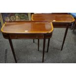 A pair of reproduction mahogany hall tables, shaped gallery, crossbanded top, rounded angles,