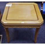 A cocktail table by Stanley Furniture Company, Virginia, birds eye maple banding, rectangular top,