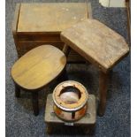 A rustic milking stool; a small four legged stool; another by C. A.