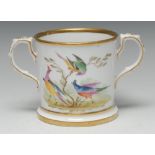 An early 19th century Chamberlain Worcester loving cup, well painted with exotic birds,