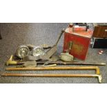 BP oil can; Lucas headlights; walking sticks,