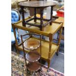 An oak three tier folding cakestand; a large tea trolley; an oak circular occasional table.