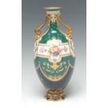 A Royal Crown Derby ovoid vase, painted with a colourful summer flowers within a beaded gilt strap,