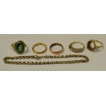 Jewellery - a 22ct gold wedding band, 3.3g; 1 9ct gold opal dress ring, others, bracelet, 14.