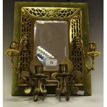 A late Victorian style brass green velvet double sconce hall mirror, bevelled rectangular plate,