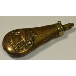 A 19th century brass and copper powder flask embossed in relief with a gun dog holding a pheasant