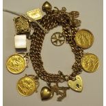 A 9ct gold charm bracelet, four half sovreigns, other charms. 71g gross.