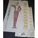 A pair of American hotel 'Welcome' banners depicting uniformed Bell hops printed on canvas;