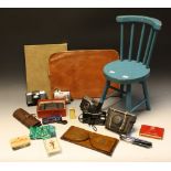 A doll's chair; a sliding book shelf; cameras, including Olympus AF-10, Kodak Coloursnap, etc,