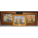 J Harvey A set of three, Cannons Flare and Full Sails signed, oils on board,