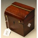 An early 19th century mahogany novelty tea caddy, as a roll-top desk, hinged cover, brass handles,