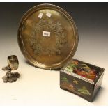 A Victorian EPNS figural spill vase as a cherub carrying a barrel; a tray;