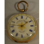 A lady's yellow metal open face fob watch, indistinctly marked, 23.