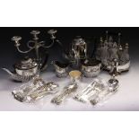 Silver Plate - a Victorian EPNS four piece tea set; a Regency style six bottle cruet on stand;