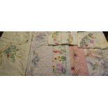 Textiles - hand embroidered linen tablecloths including Crinoline lady,