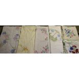Textiles - hand embroidered linen tablecloths including Crinoline lady,