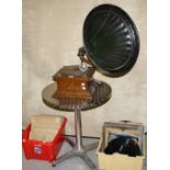 An oak cased Columbia Gramophone, with horn, stylus, reproducer, winder,