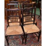 A near set of six 19th century elm spindleback dining chairs, rush seats, turned stretchers,