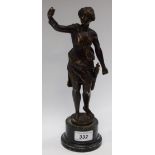 A brown patinated bronze, Diana, on turned marble base, 29.