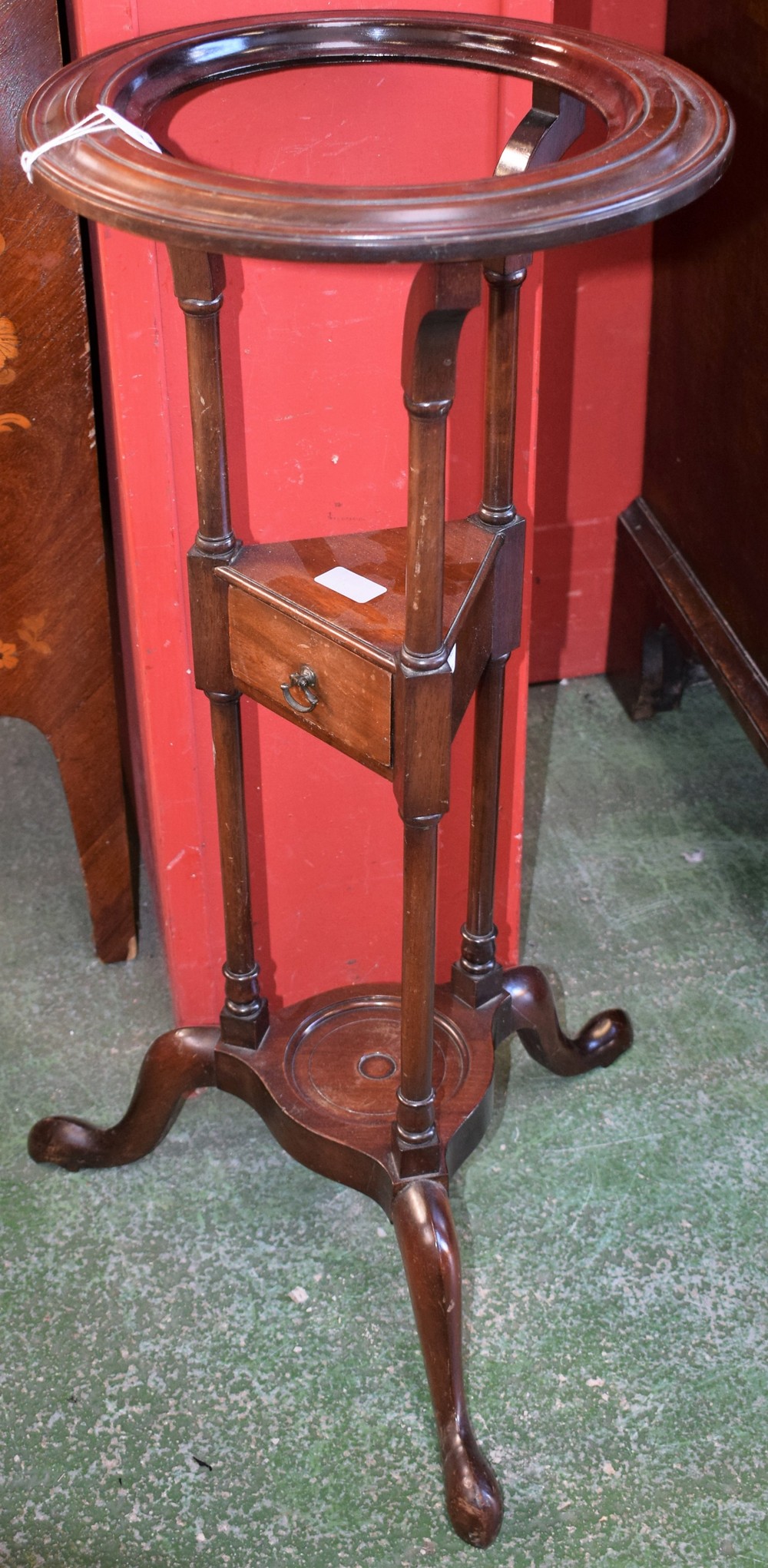 A George III design mahogany gentleman's washstand, circular aperture, small drawer to frieze,