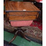 A George IV mahogany pedestal work table, rounded rectangular top with fall leaves,