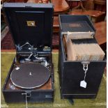 A portable gramophone, His Master's Voice, black carry case,