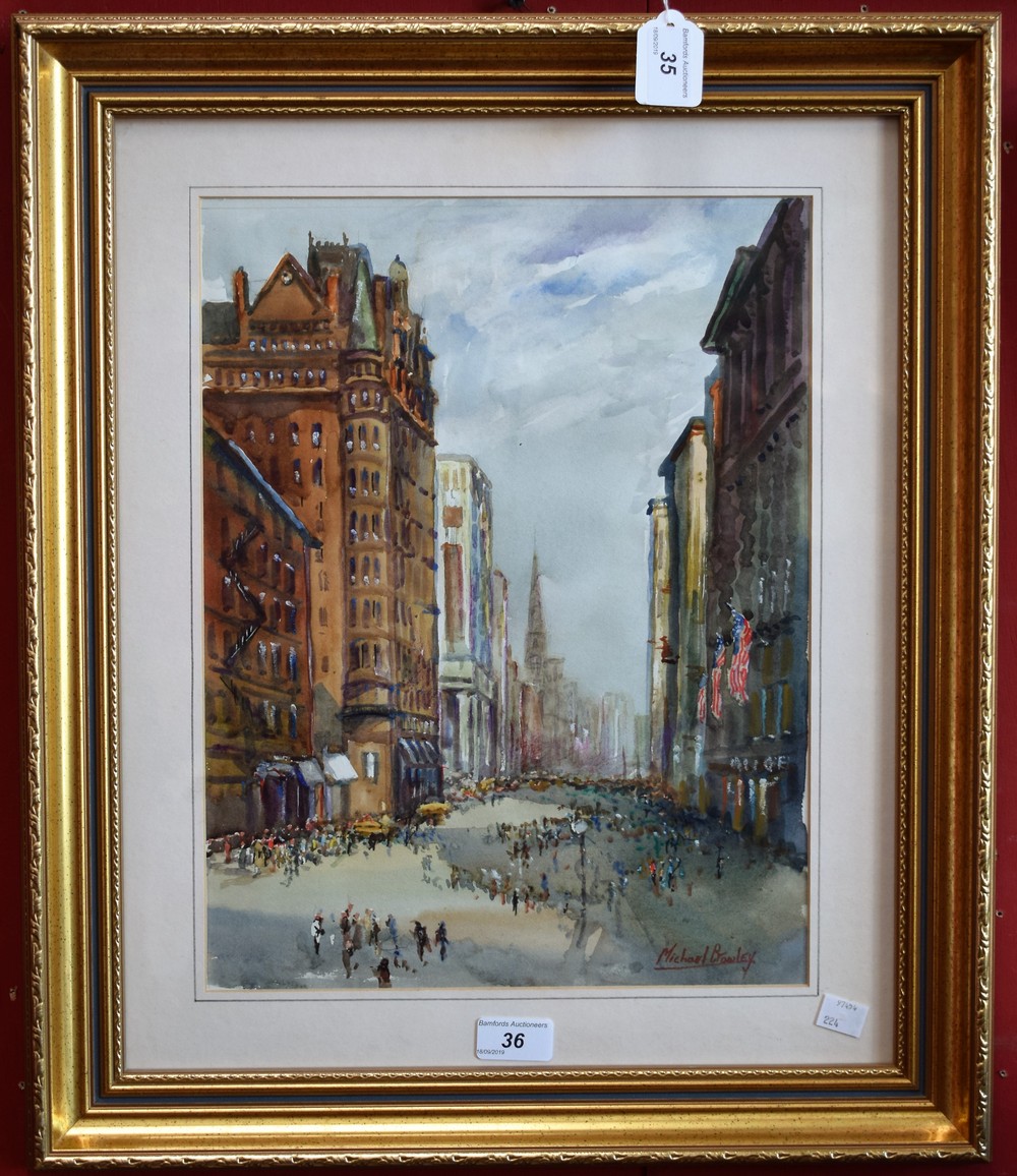 Michael Crawley New York signed, titled to verso, watercolour, 39.