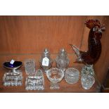 Glassware - a pair of Victorian sugar casters; a pair of knife rests; a large art glass cockerel;