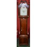 A George III oak and flame mahogany longcase clock, 31cm arched painted dial, Arabic chapter,