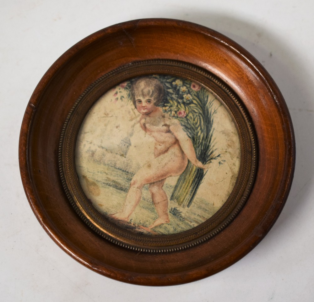 English School (early 19th century), a miniature study, of a nude putto, gathering a harvest,