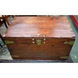 A 19th century oak brass bound campaign type chest/trunk, carry handles to sides,