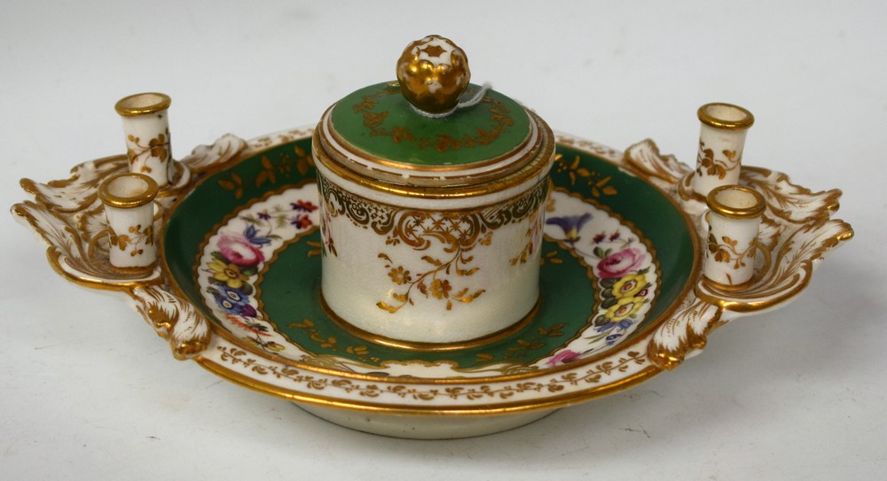 A Coalport type inkwell and cover, painted with flowers on a green ground, 19cm diam, c.